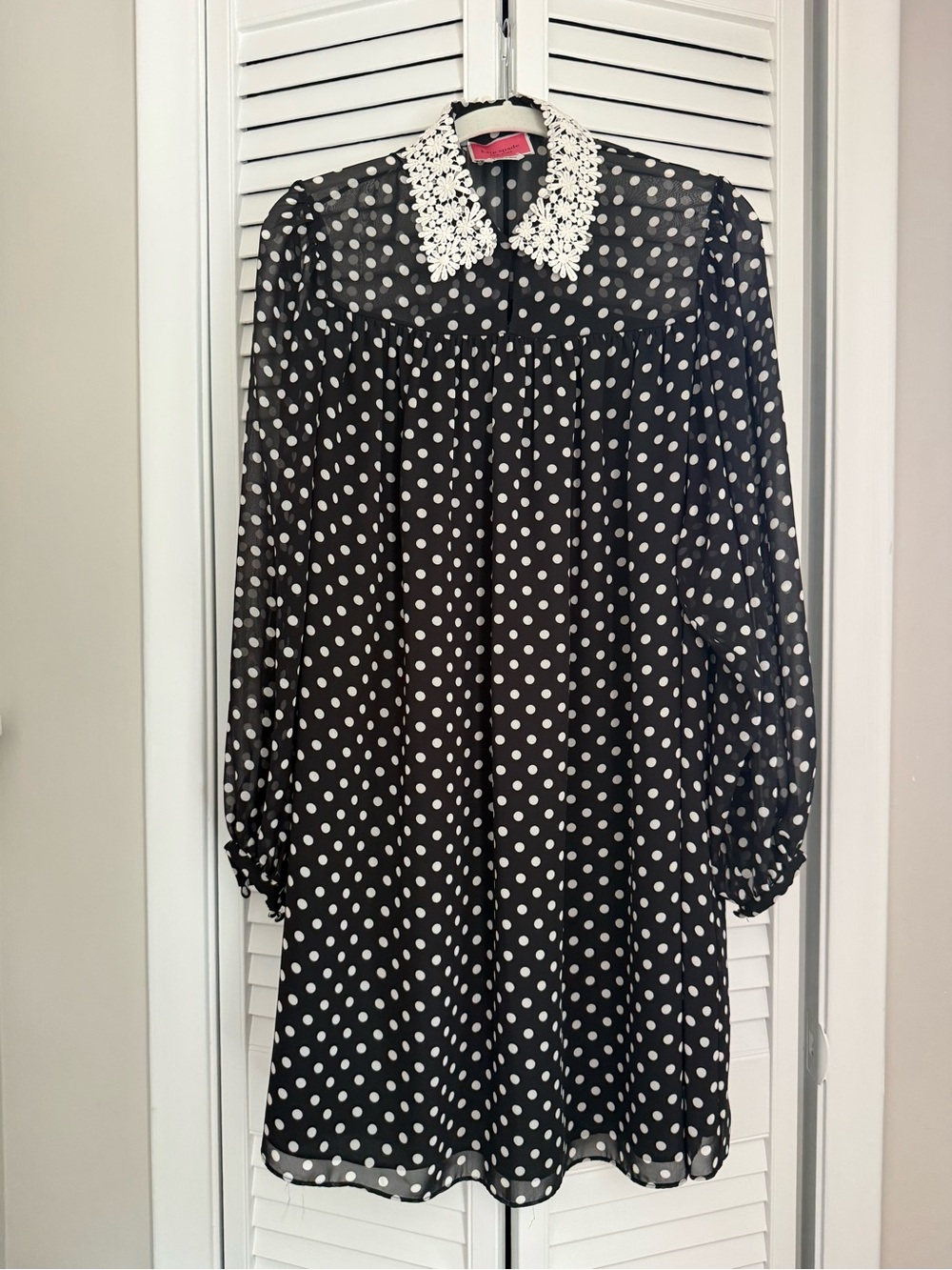 kate spade Black and White Polka Dot Long-Sleeve Dress with Lace Collar